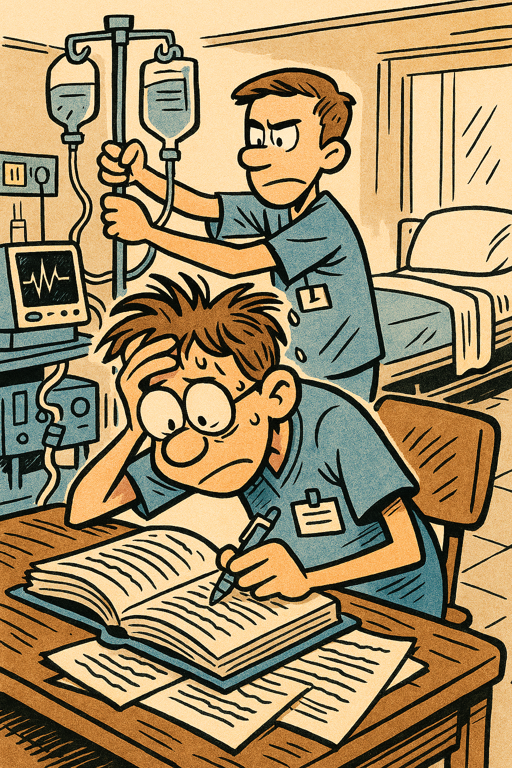 ilustração de enfermeiro estudando enquanto outro arruma as coisas